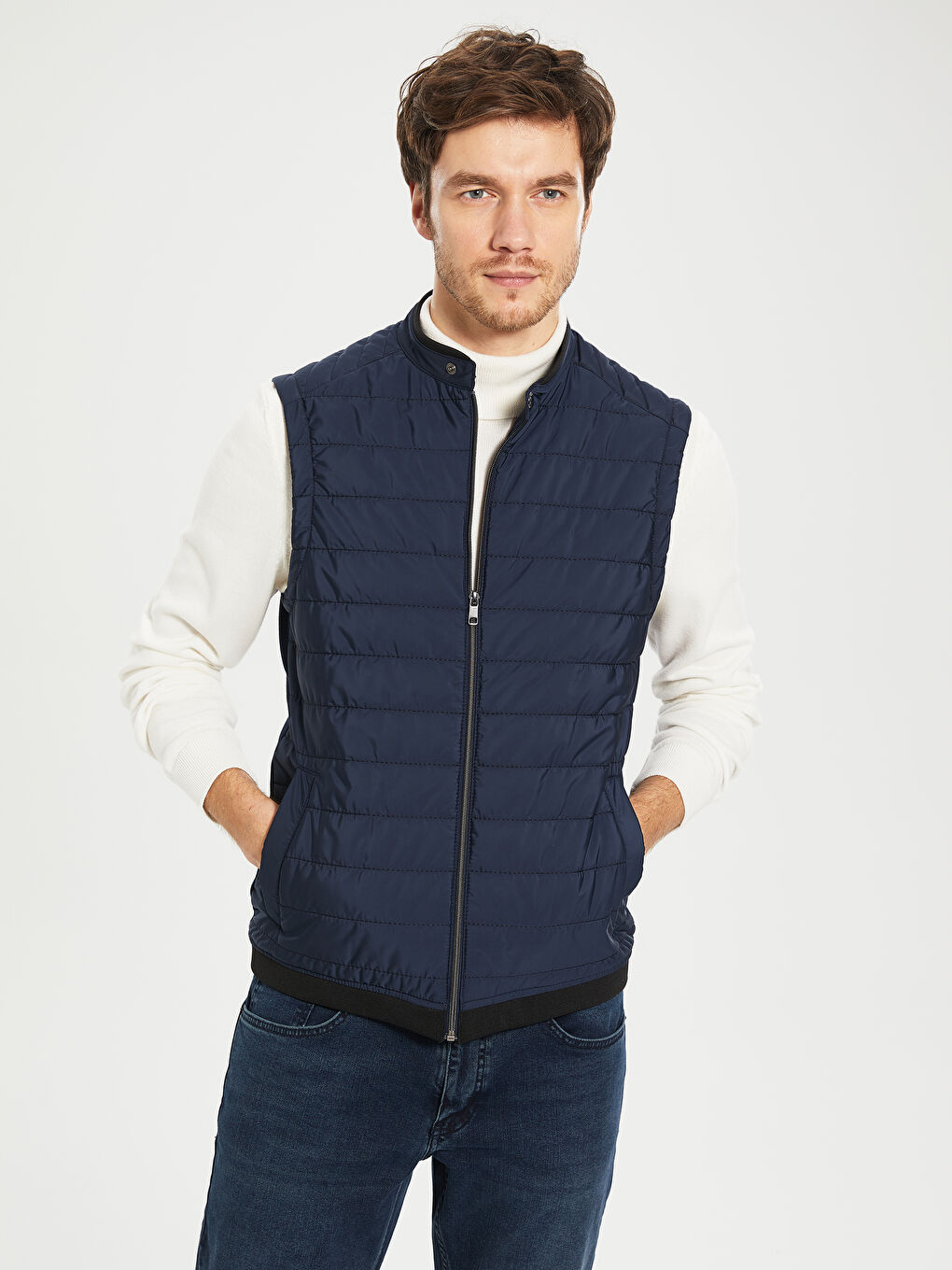 Lacivert Biker Yaka Kapitone Erkek Yelek-2