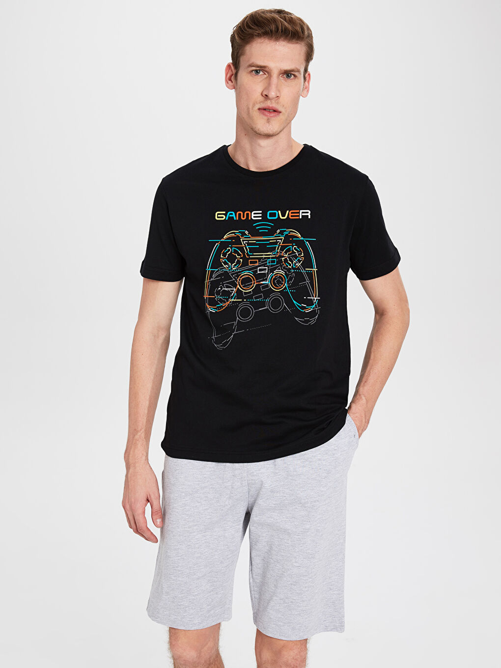 Siyah Standart Kalıp Erkek Şortlu Pijama Takımı