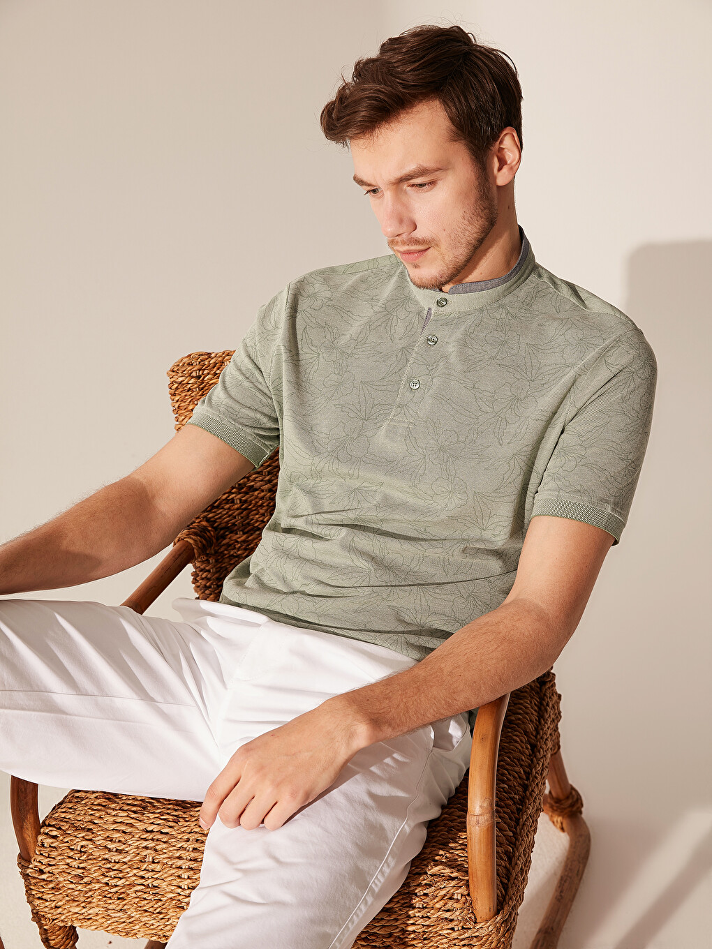 Grandad Collar Short Sleeve Patterned Men's T-Shirt