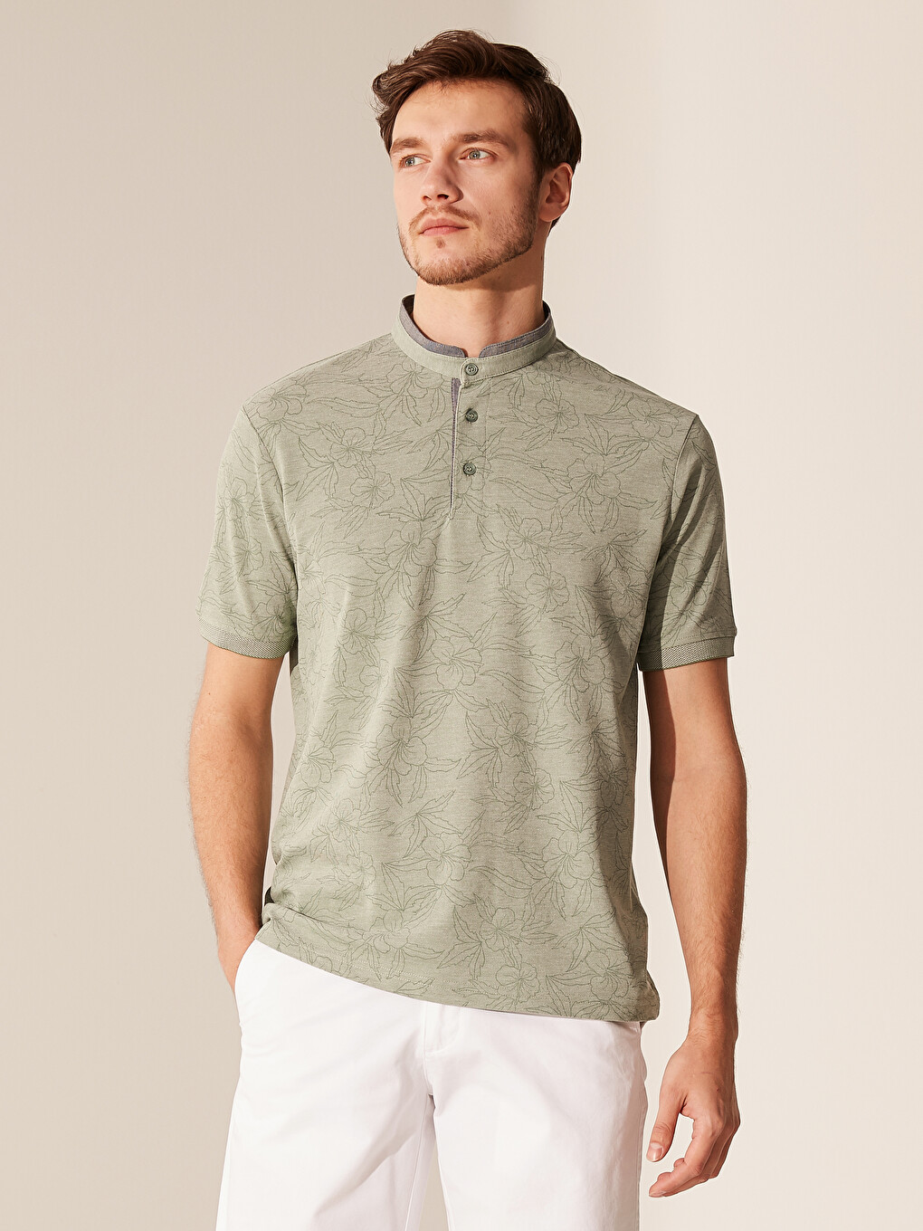 Grandad Collar Short Sleeve Patterned Men's T-Shirt-1