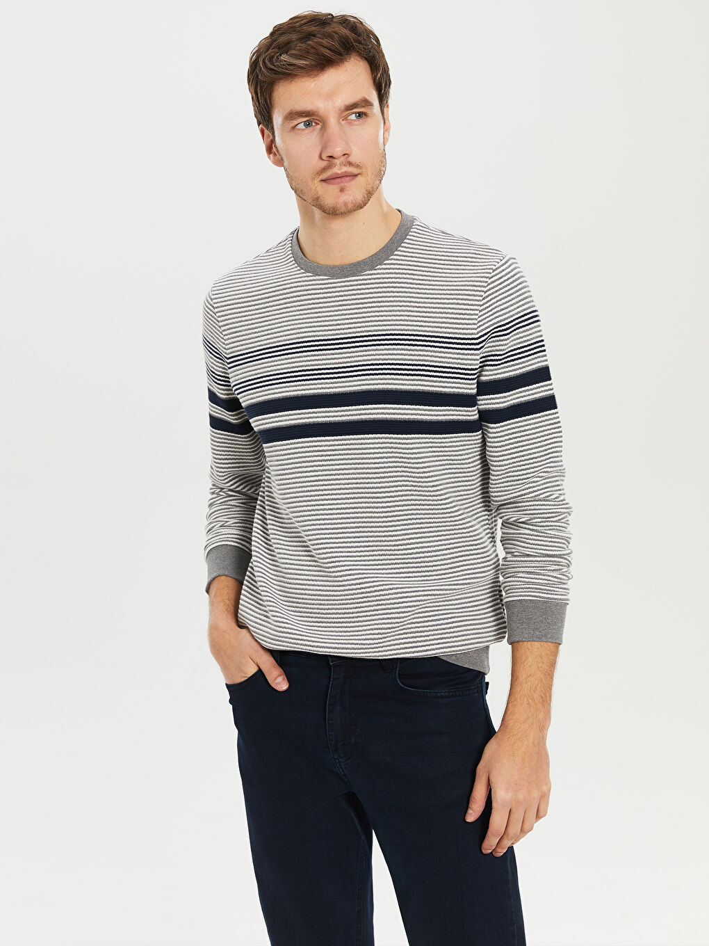 Gri Bisiklet Yaka Uzun Kollu Çizgili Erkek Sweatshirt