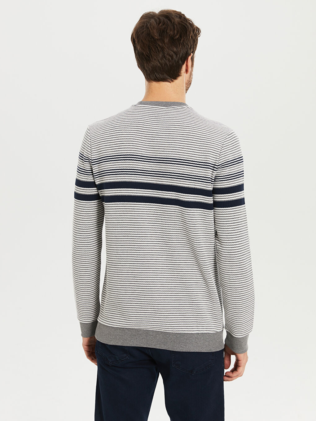 Gri Bisiklet Yaka Uzun Kollu Çizgili Erkek Sweatshirt-3