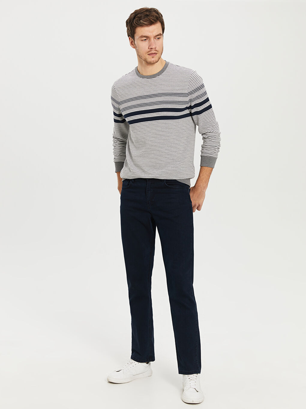 Gri Bisiklet Yaka Uzun Kollu Çizgili Erkek Sweatshirt-4