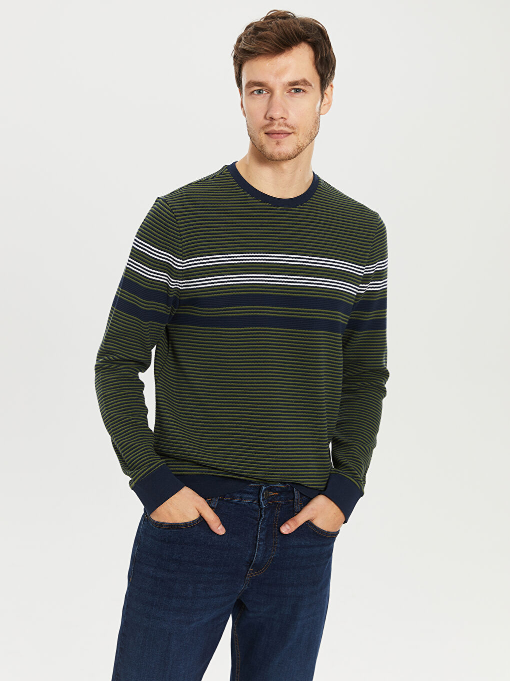 Haki Bisiklet Yaka Uzun Kollu Çizgili Erkek Sweatshirt