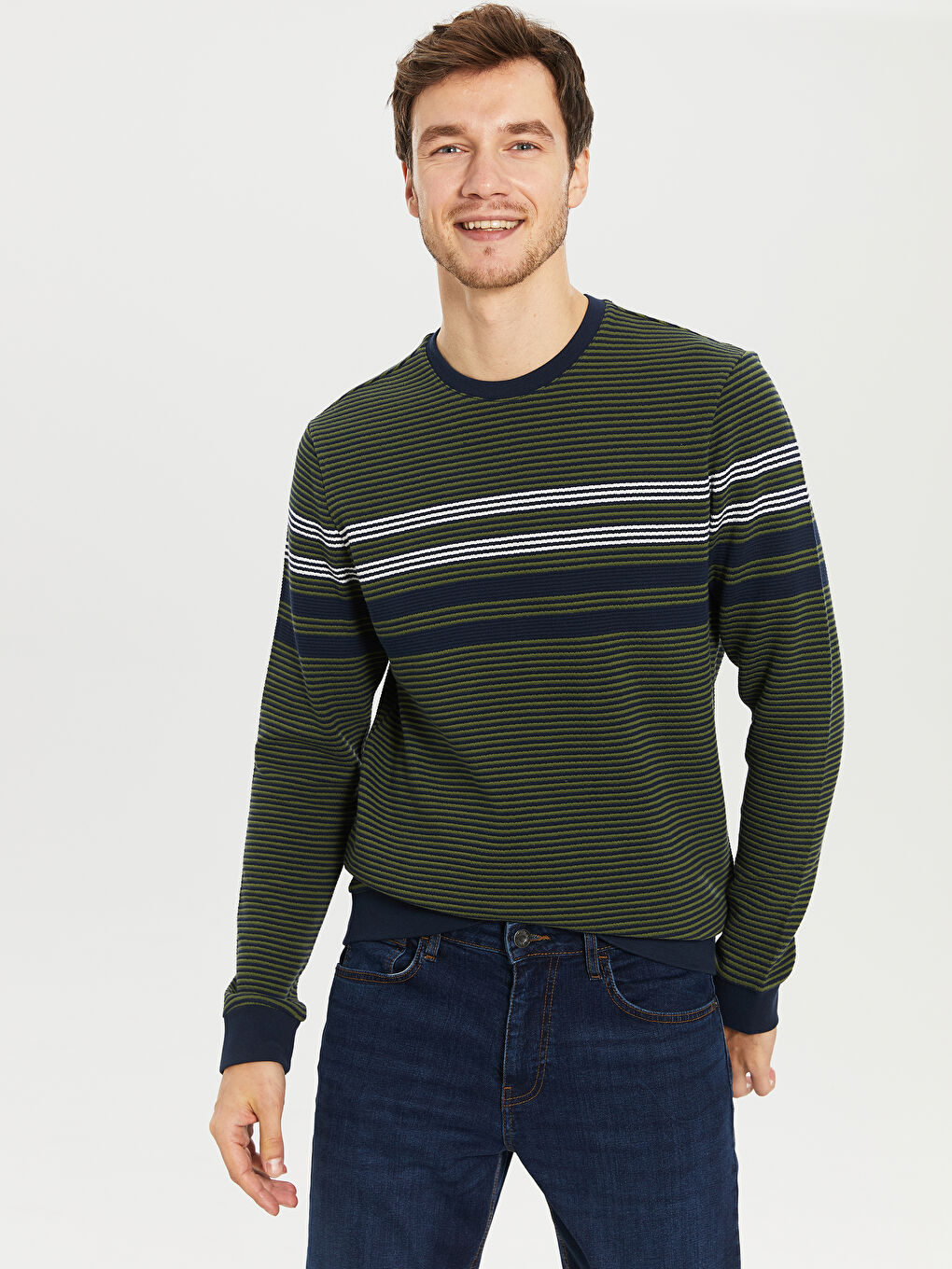 Haki Bisiklet Yaka Uzun Kollu Çizgili Erkek Sweatshirt-1