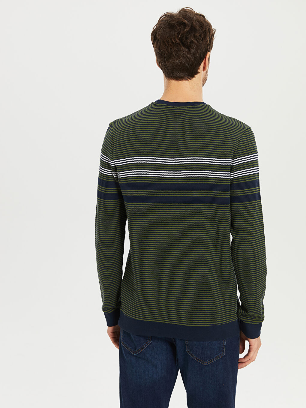 Haki Bisiklet Yaka Uzun Kollu Çizgili Erkek Sweatshirt-2