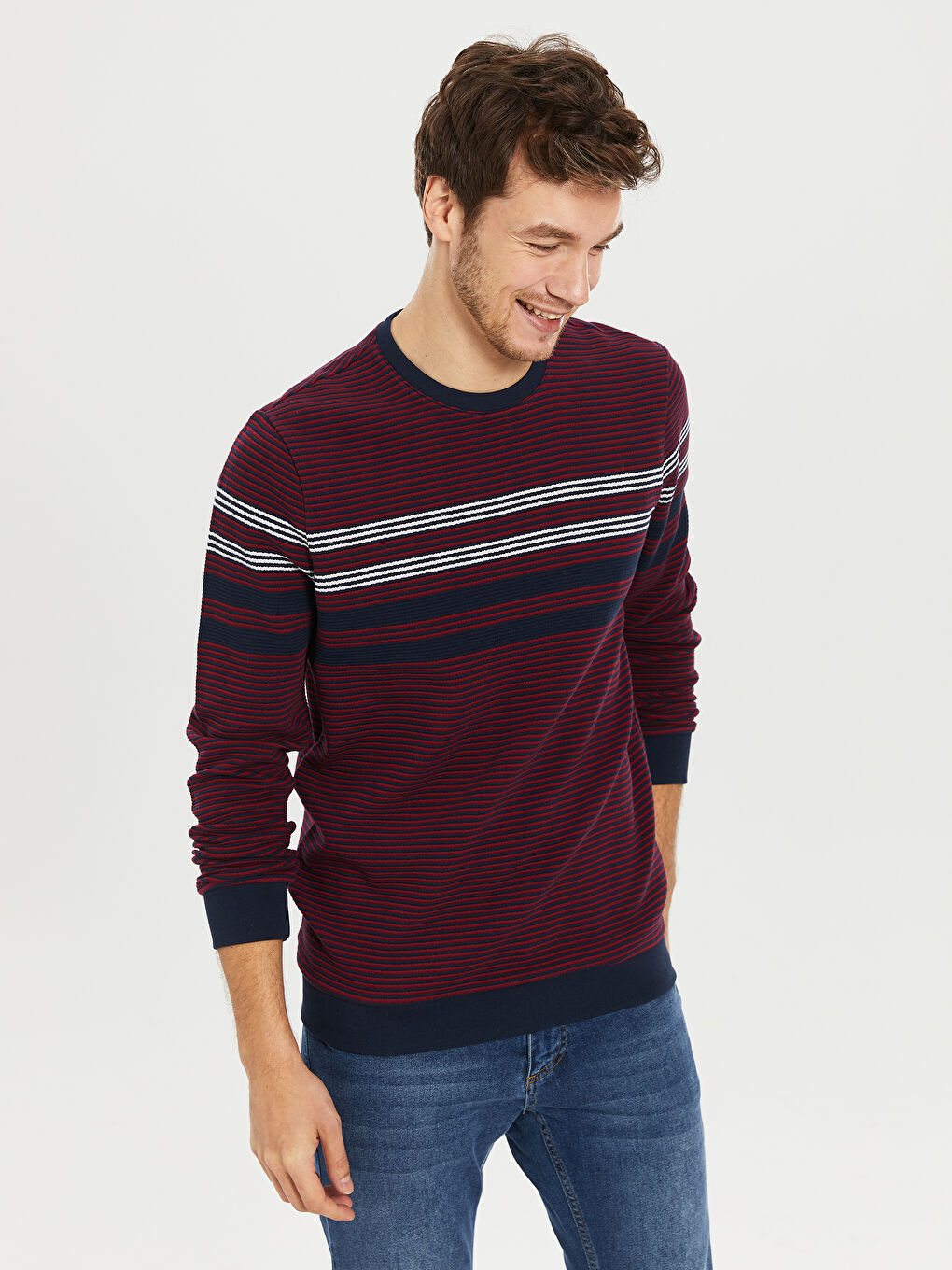 Bordo Bisiklet Yaka Uzun Kollu Çizgili Erkek Sweatshirt-1