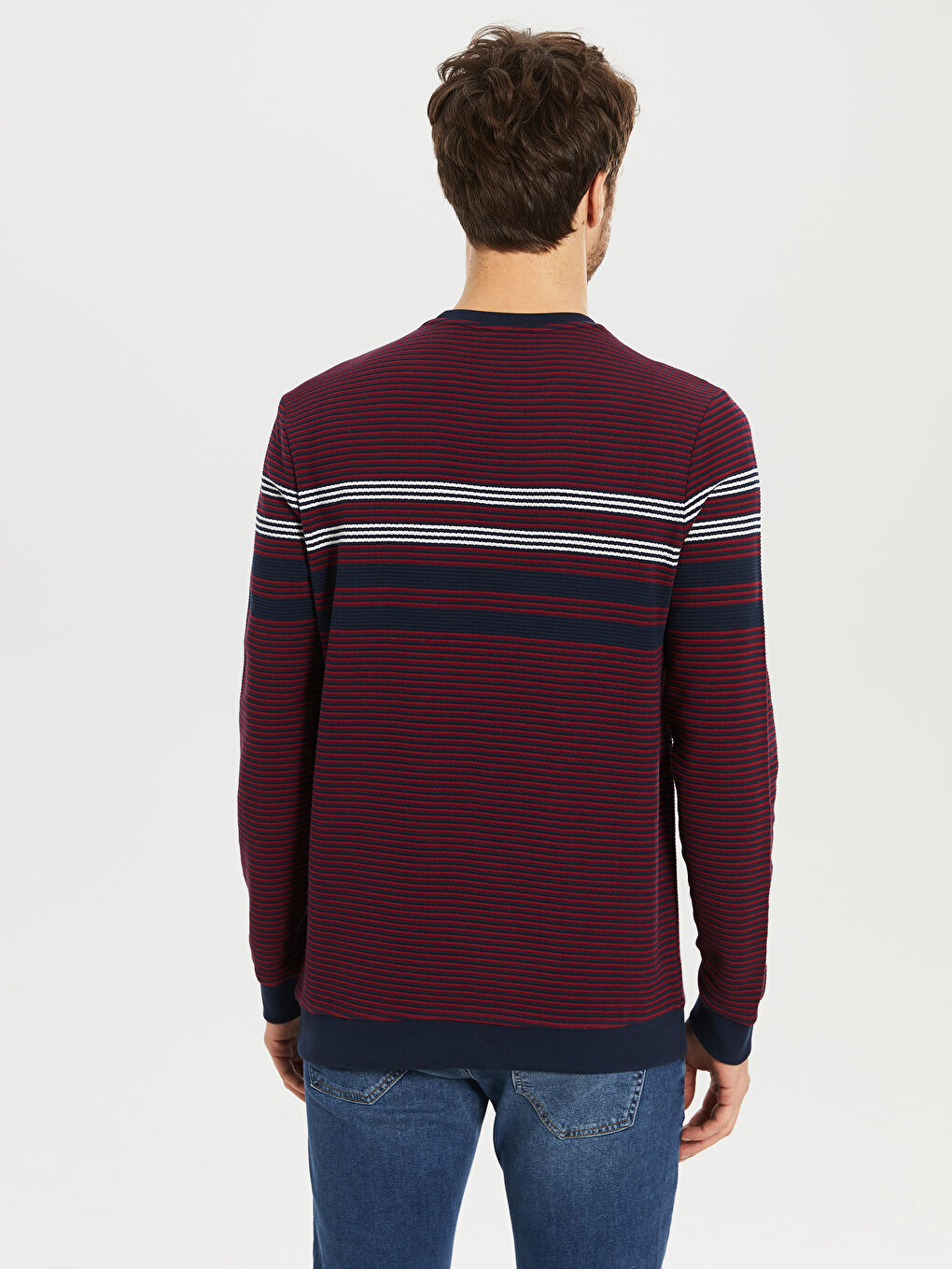 Bordo Bisiklet Yaka Uzun Kollu Çizgili Erkek Sweatshirt-2
