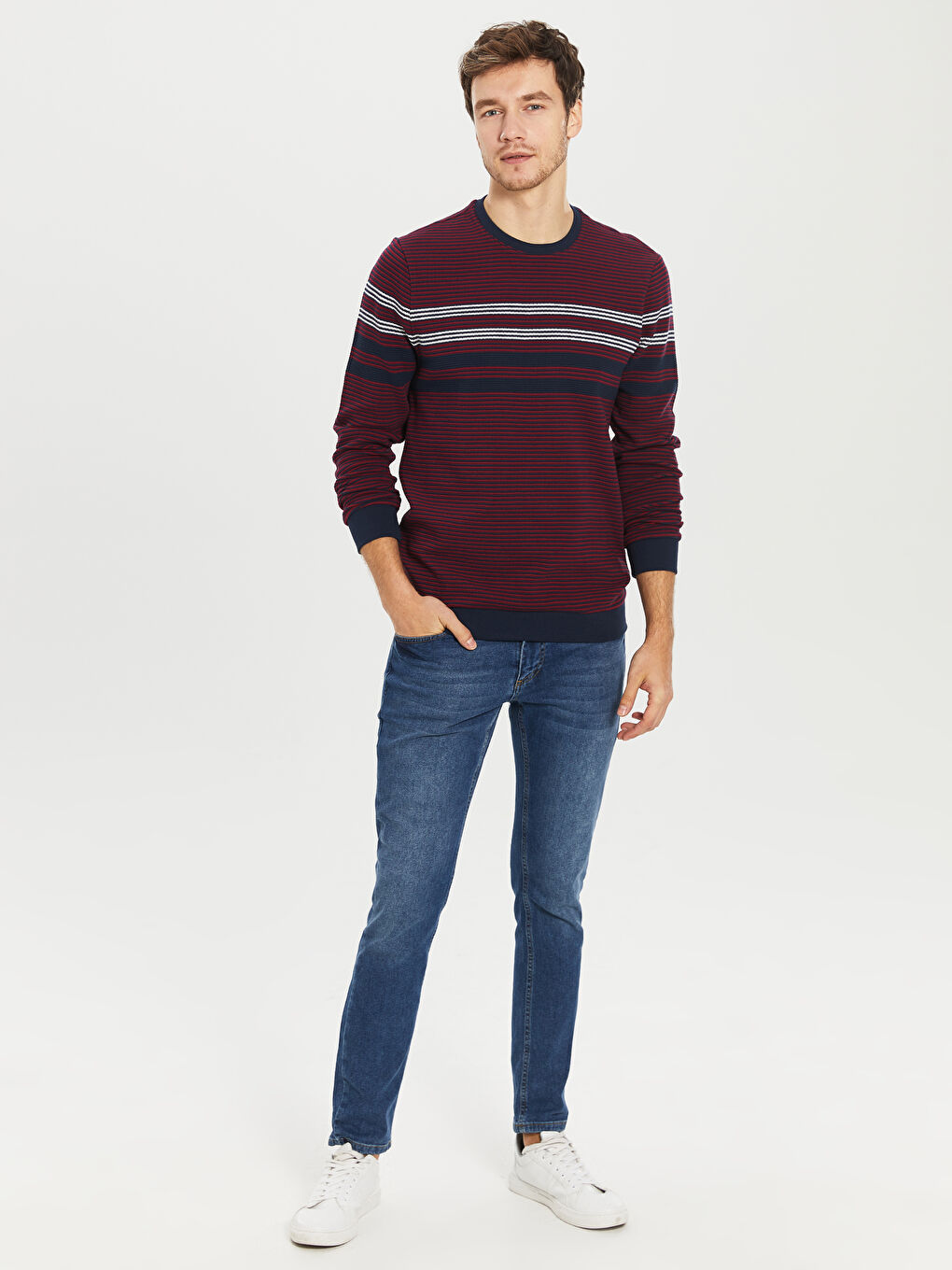 Bordo Bisiklet Yaka Uzun Kollu Çizgili Erkek Sweatshirt-3