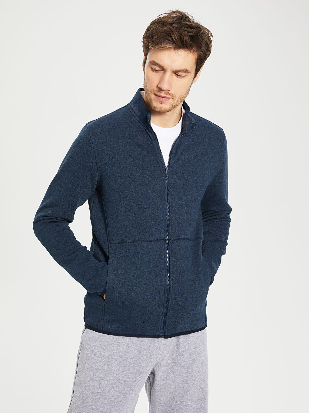 Lacivert Rahat Kalıp Dik Yaka Hırka-1