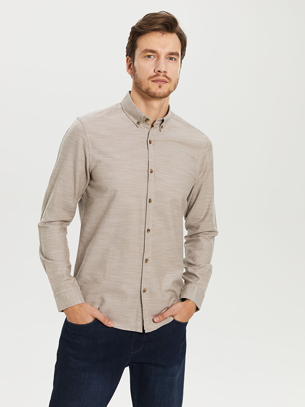 Bej Slim Fit Uzun Kollu Erkek Gömlek