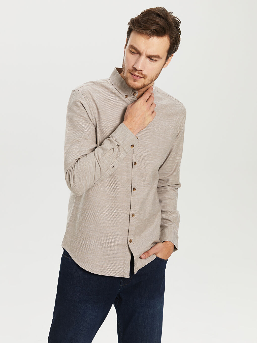 Bej Slim Fit Uzun Kollu Erkek Gömlek-2