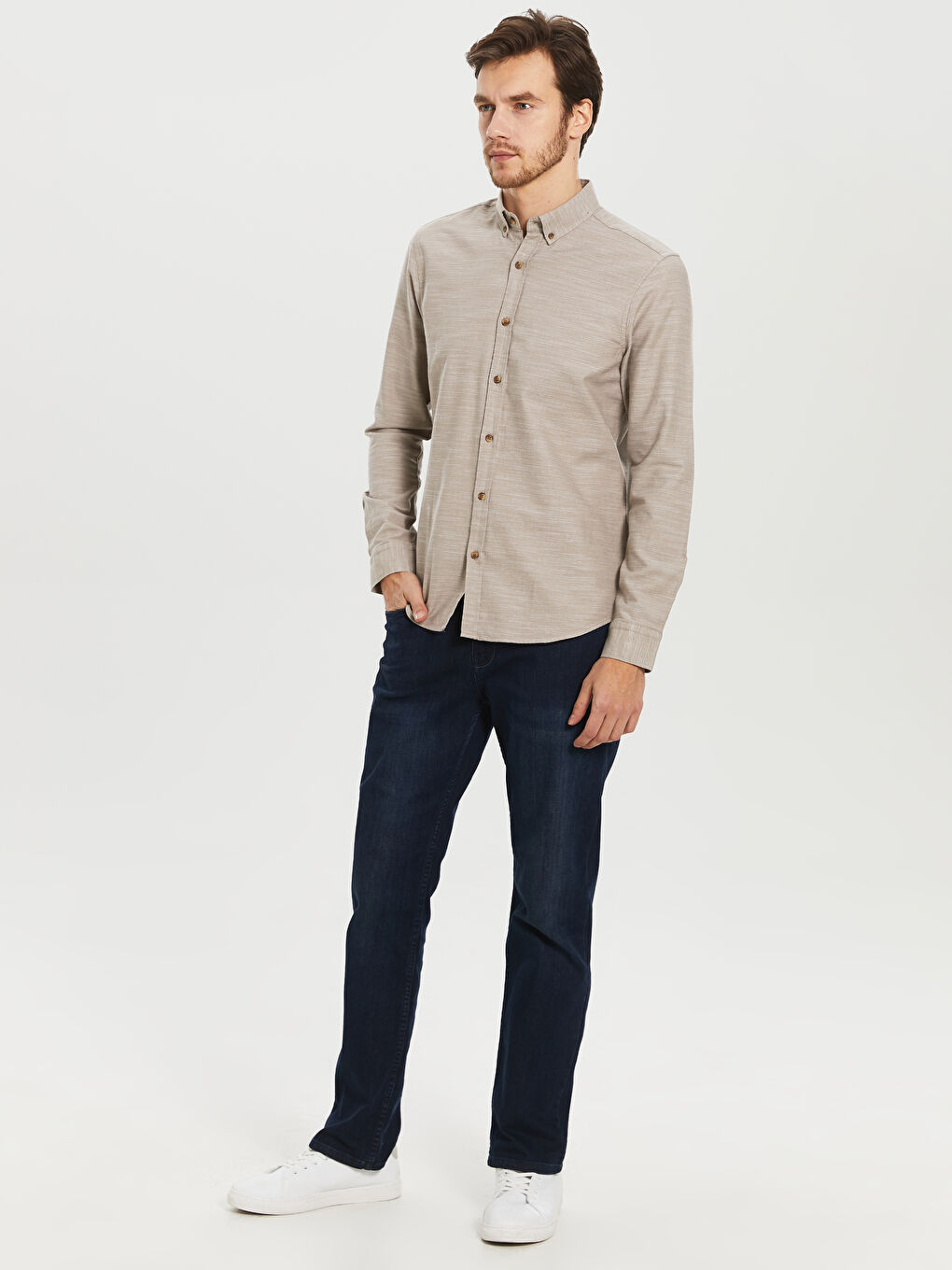 Bej Slim Fit Uzun Kollu Erkek Gömlek-4