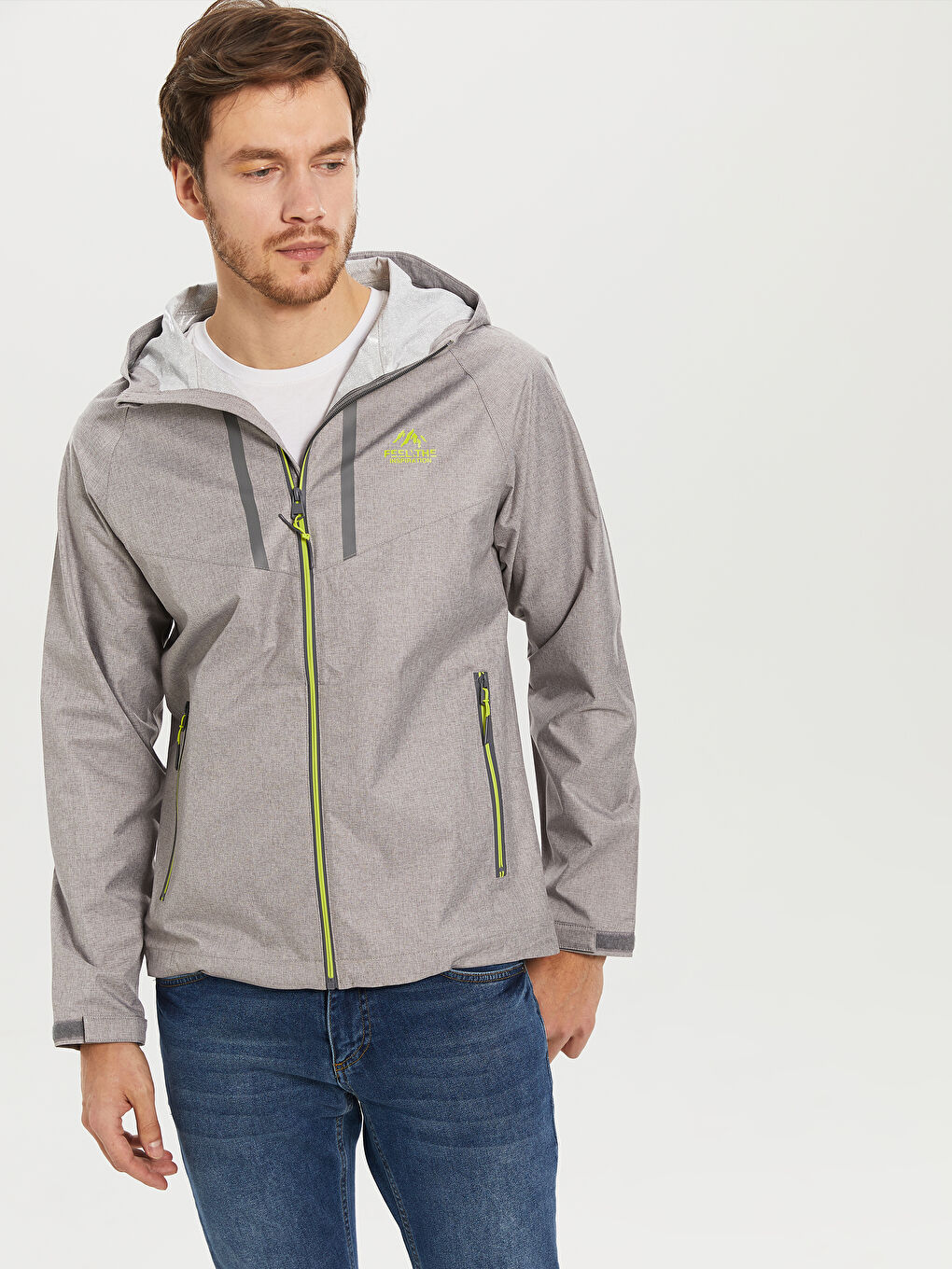 Gri Standart Kalıp Kapüşonlu Erkek Yağmurluk-1