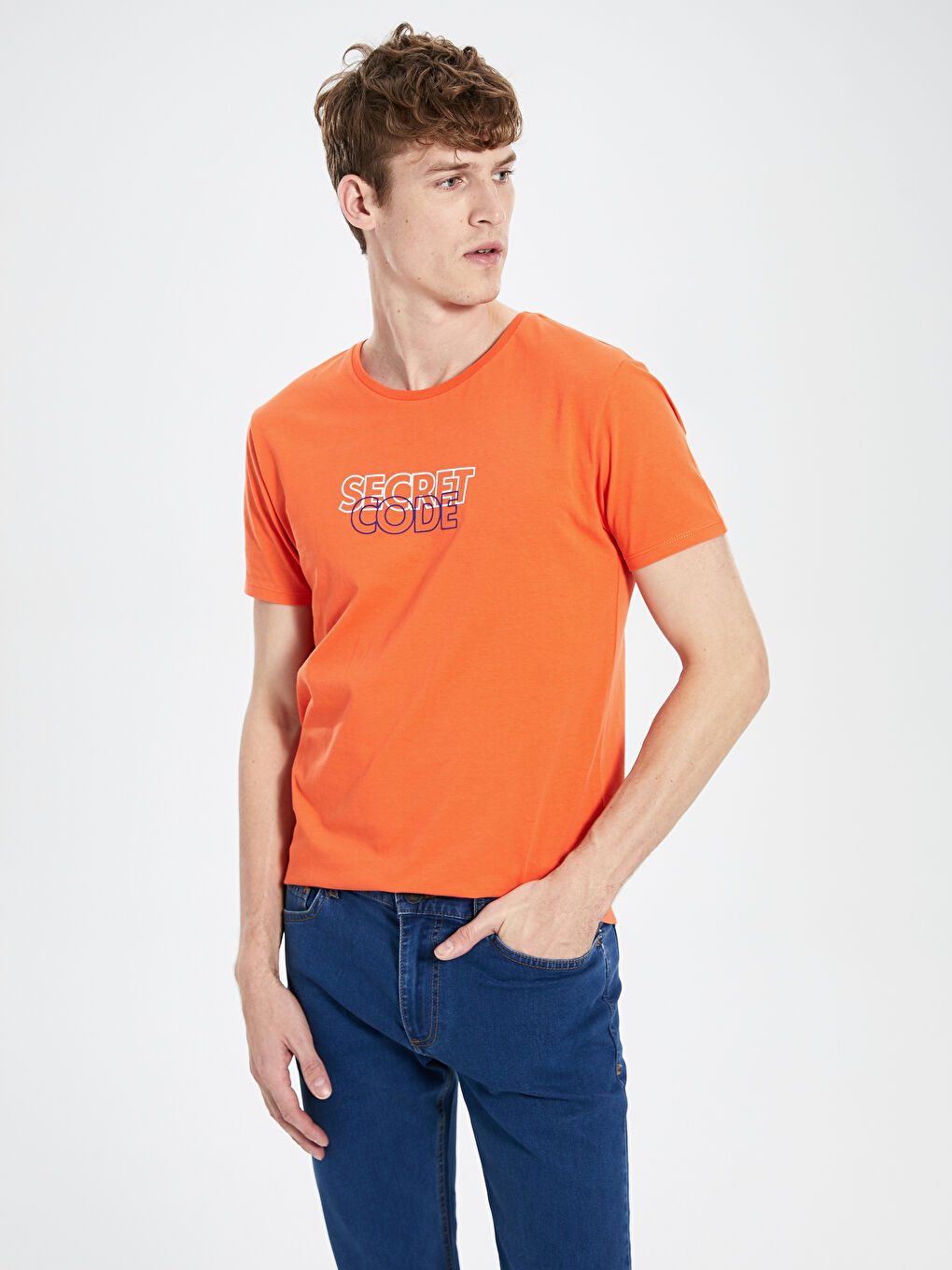 Turuncu Bisiklet Yaka Penye Erkek Tişört