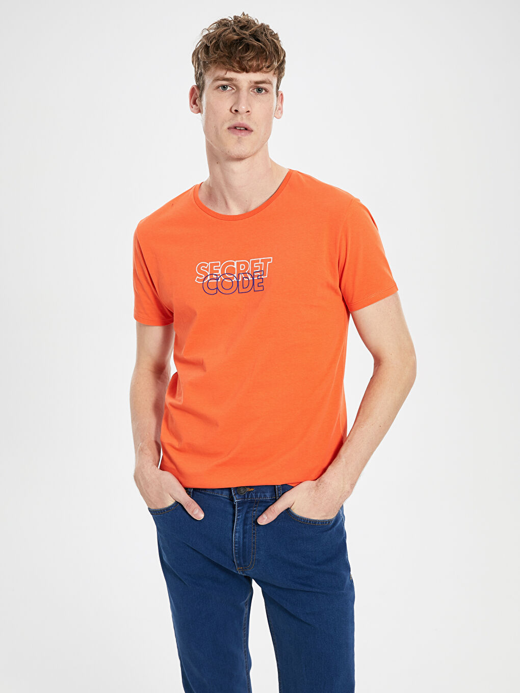 Turuncu Bisiklet Yaka Penye Erkek Tişört-1