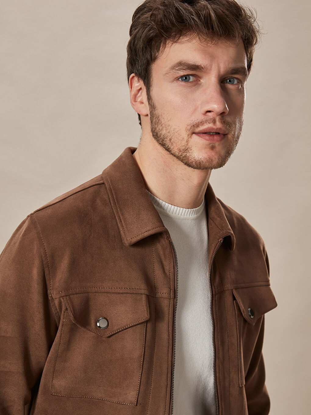 Bej Slim Fit Dik Yaka Süet Erkek Mont-1