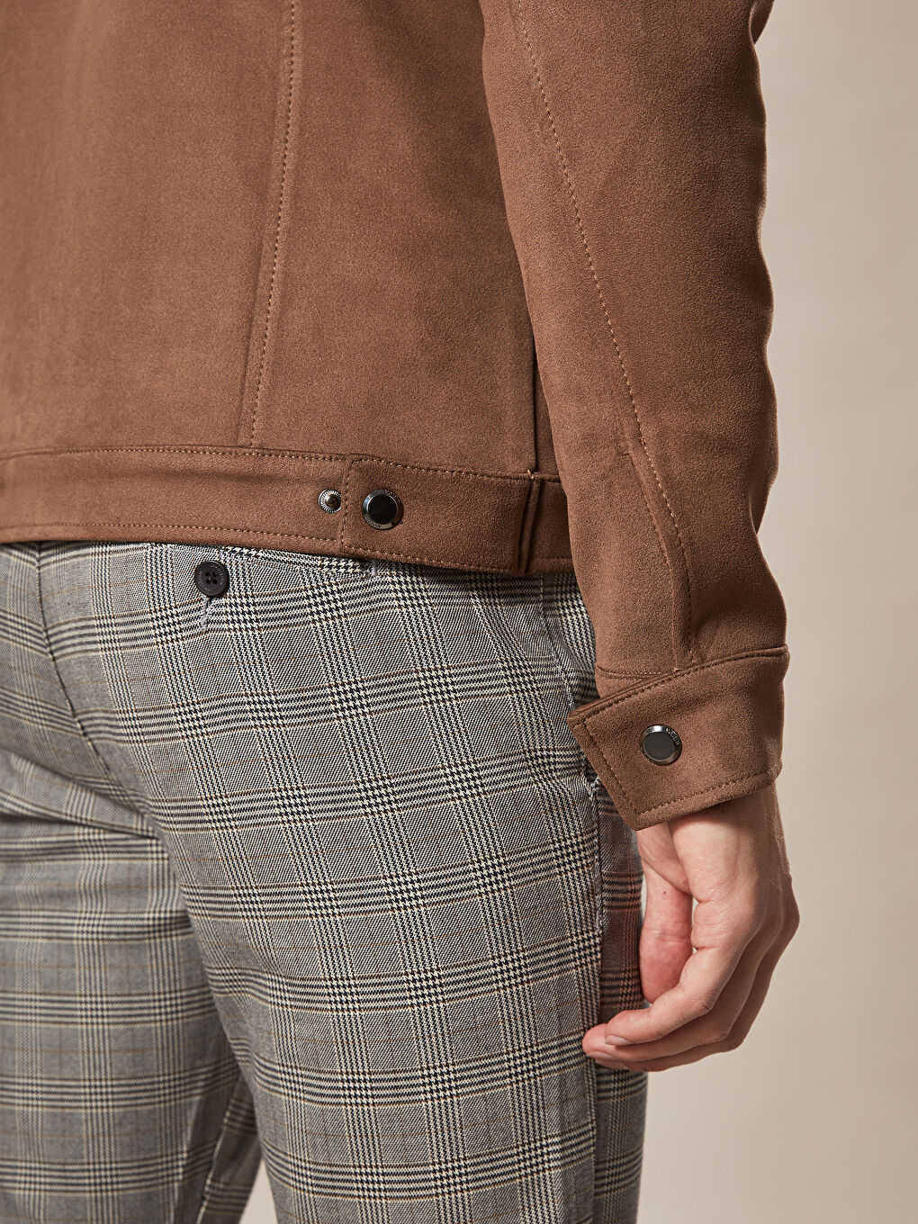 Bej Slim Fit Dik Yaka Süet Erkek Mont-2