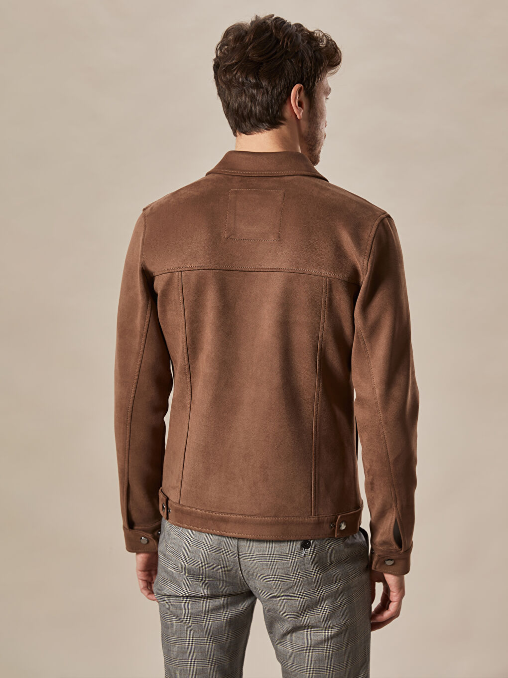 Bej Slim Fit Dik Yaka Süet Erkek Mont-3