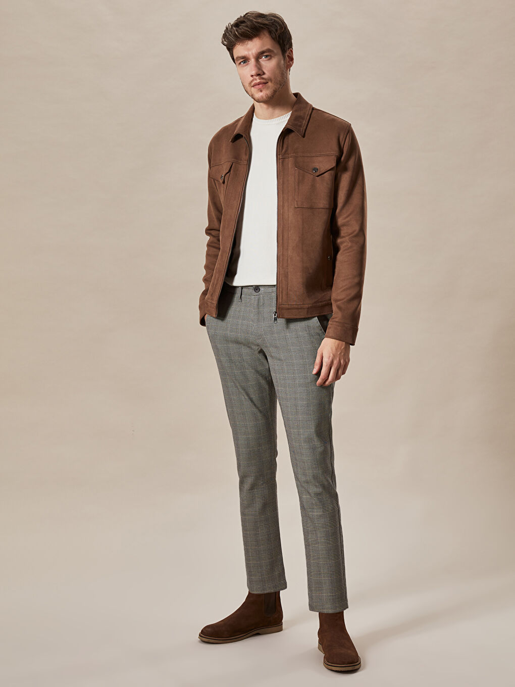 Bej Slim Fit Dik Yaka Süet Erkek Mont-4