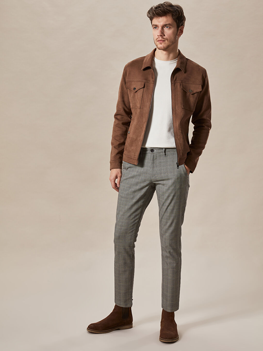 Bej Slim Fit Dik Yaka Süet Erkek Mont-5