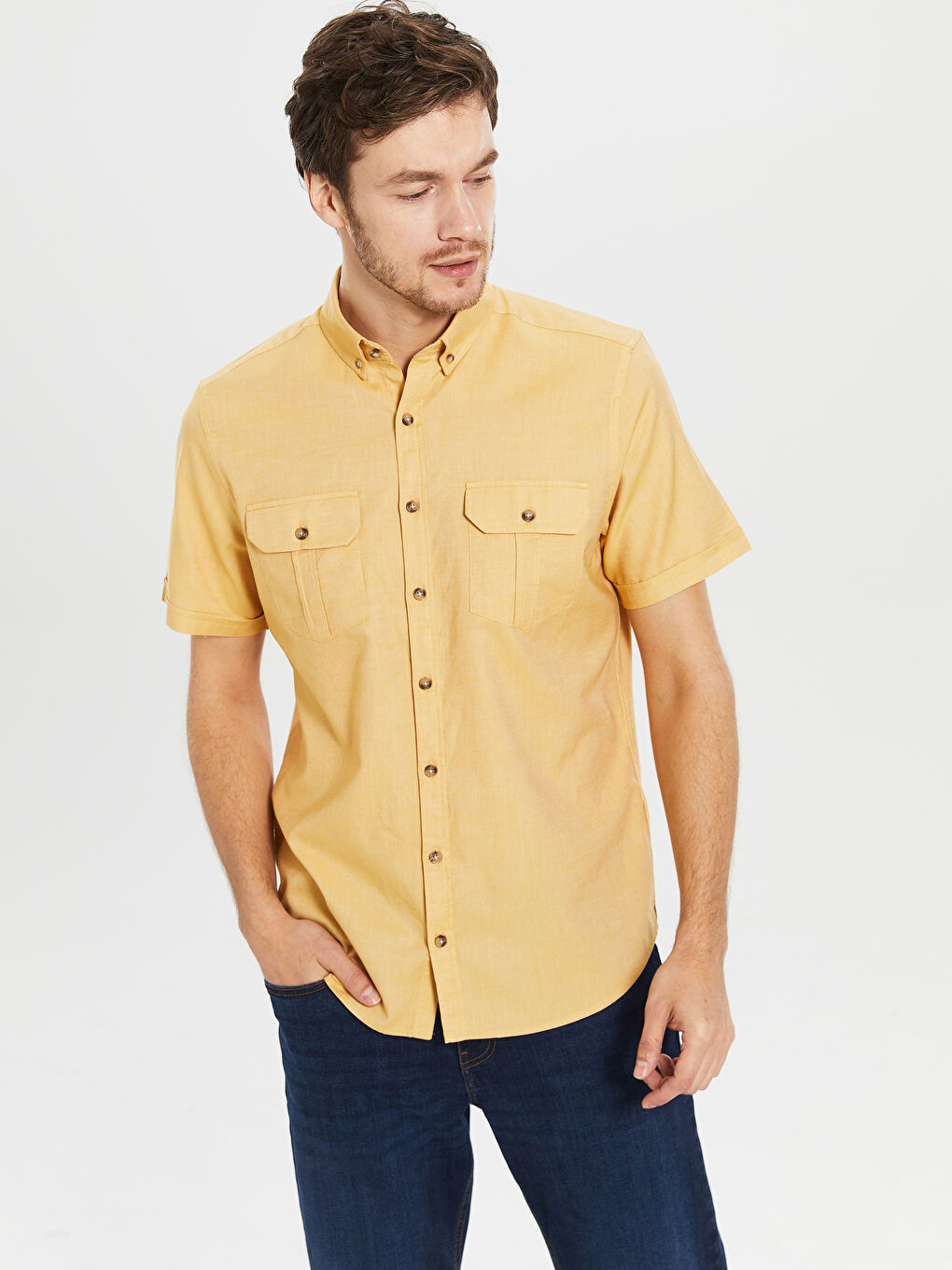 Sarı Regular Fit Kısa Kollu Gabardin Gömlek
