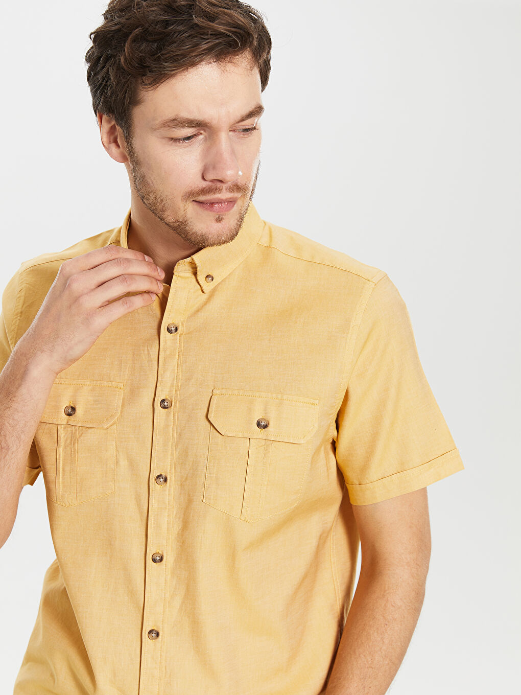 Sarı Regular Fit Kısa Kollu Gabardin Gömlek-2