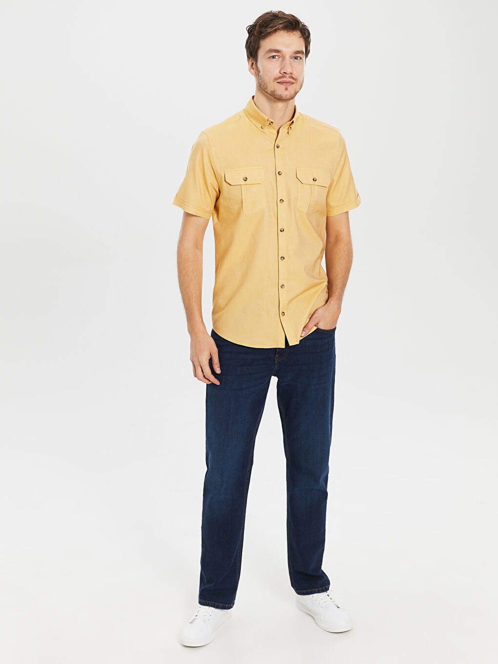 Sarı Regular Fit Kısa Kollu Gabardin Gömlek-4