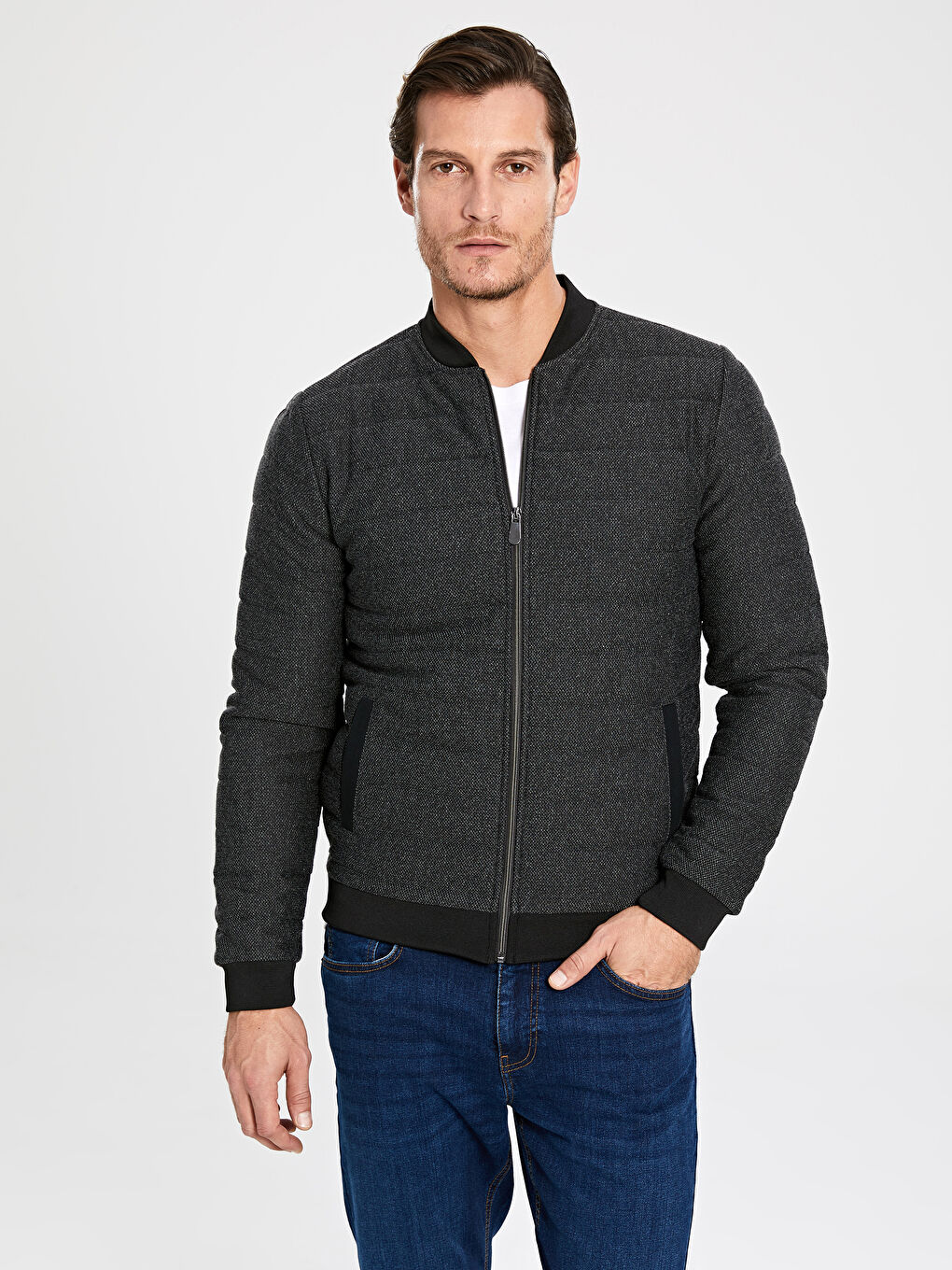 Antrasit Slim Fit Kolej Yaka Bomber Erkek Mont-1