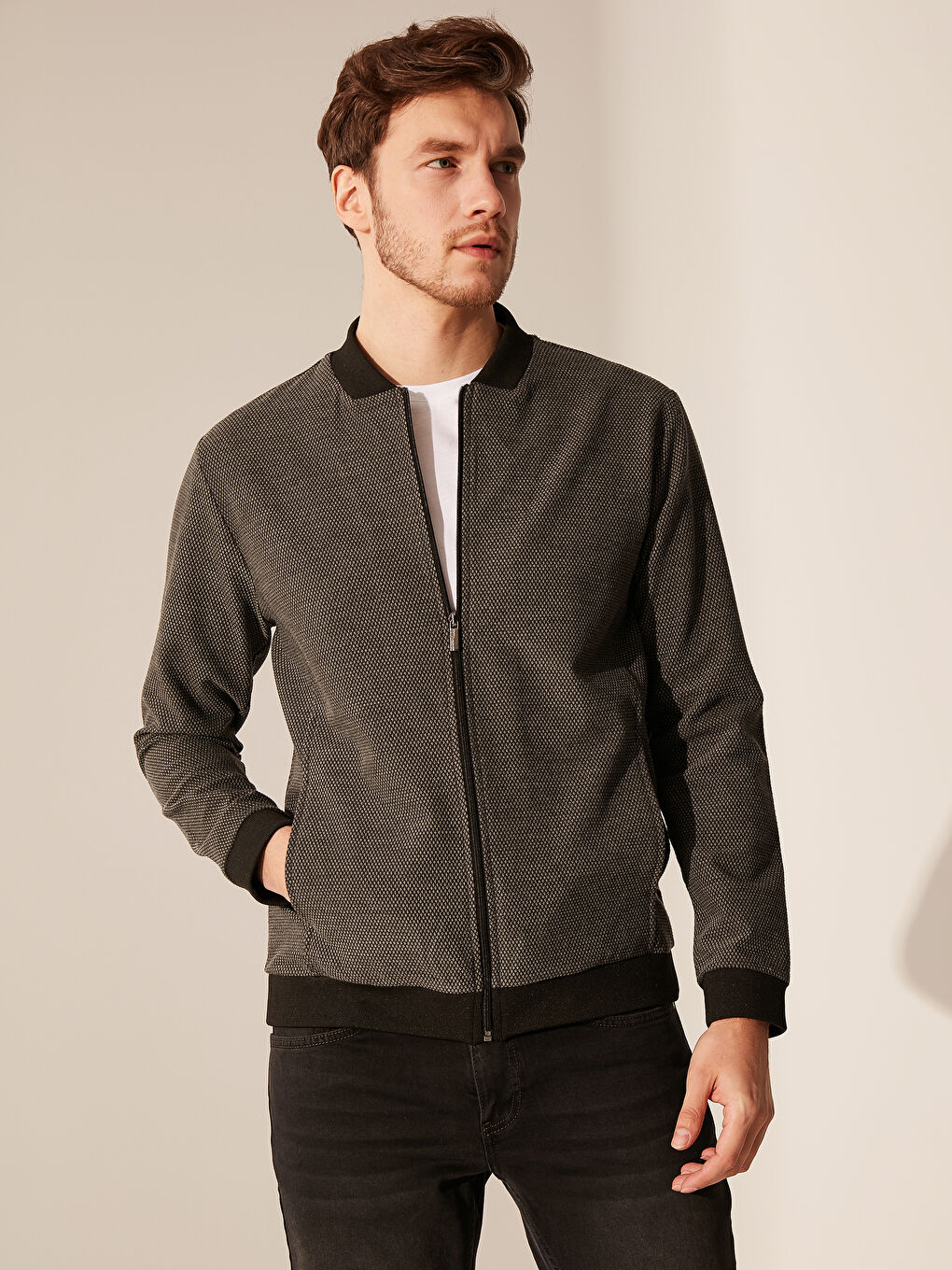 Antrasit Slim Fit Kolej Yaka Bomber Hırka