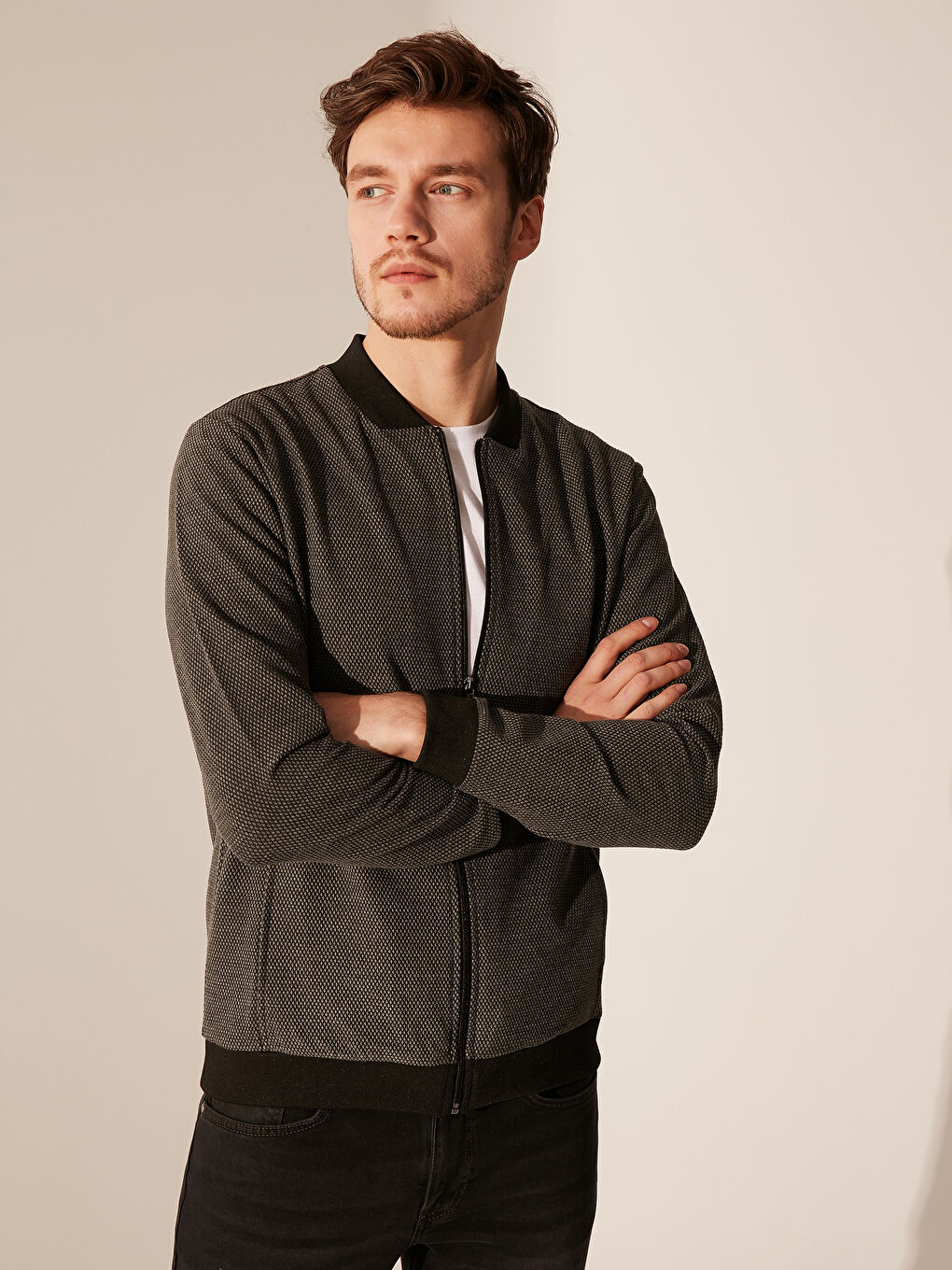 Antrasit Slim Fit Kolej Yaka Bomber Hırka-1