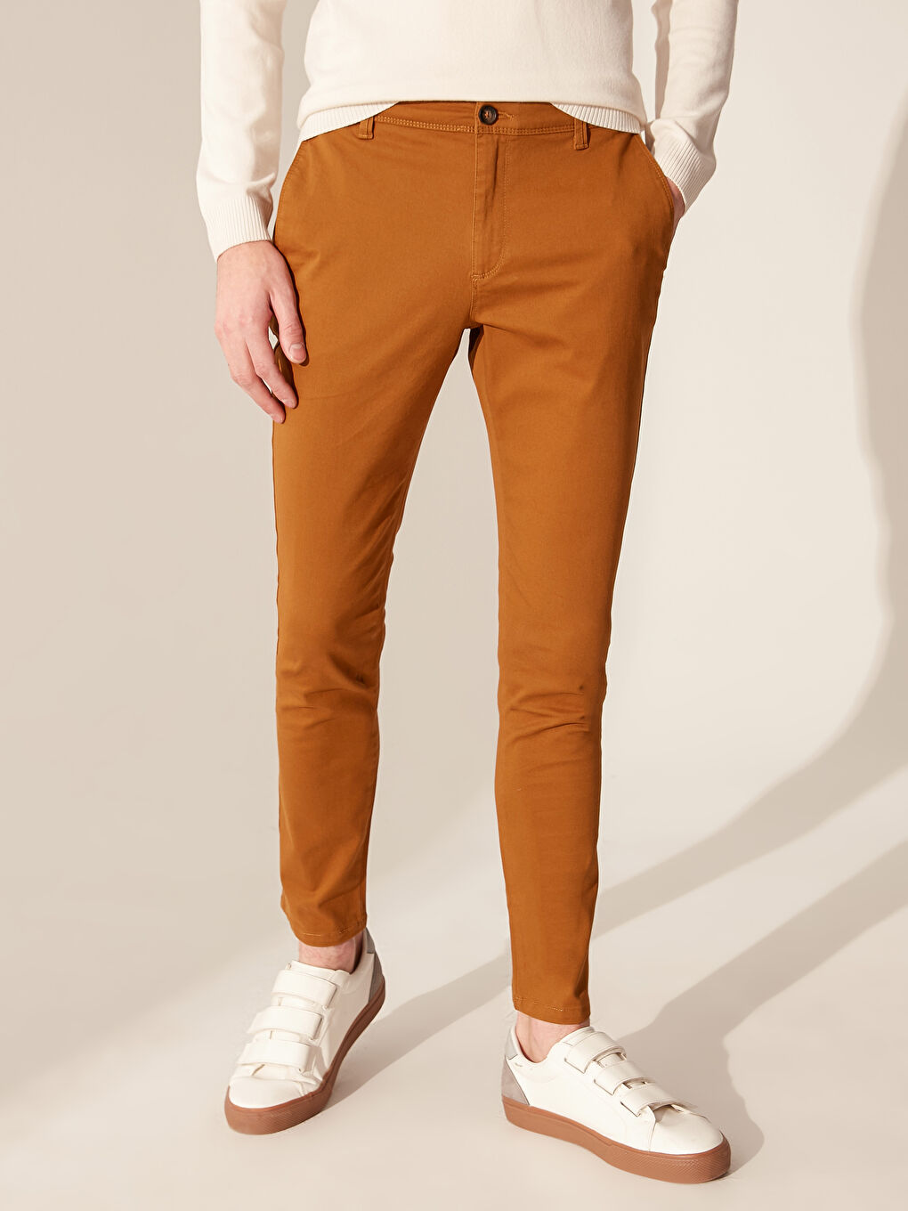 Kahverengi Ekstra Dar Kalıp Gabardin Chino Pantolon-2