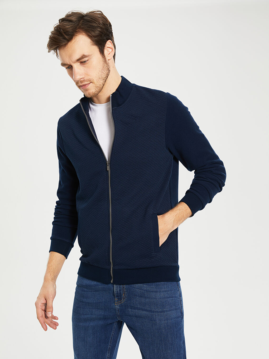 STAND COLLAR SWEATSHIRT NAVY Lサイズ Stand-up collar zip long sleeve sweatshirt custom - Apparelcn