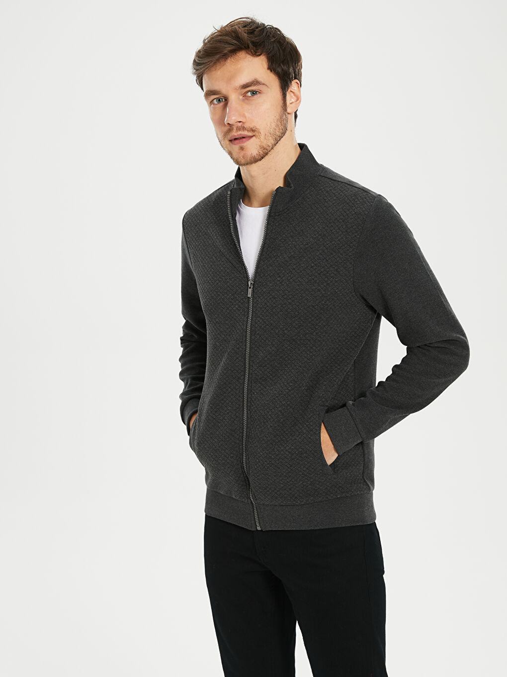 Antrasit Rahat Kalıp Dik Yaka Uzun Kollu Erkek Sweatshirt