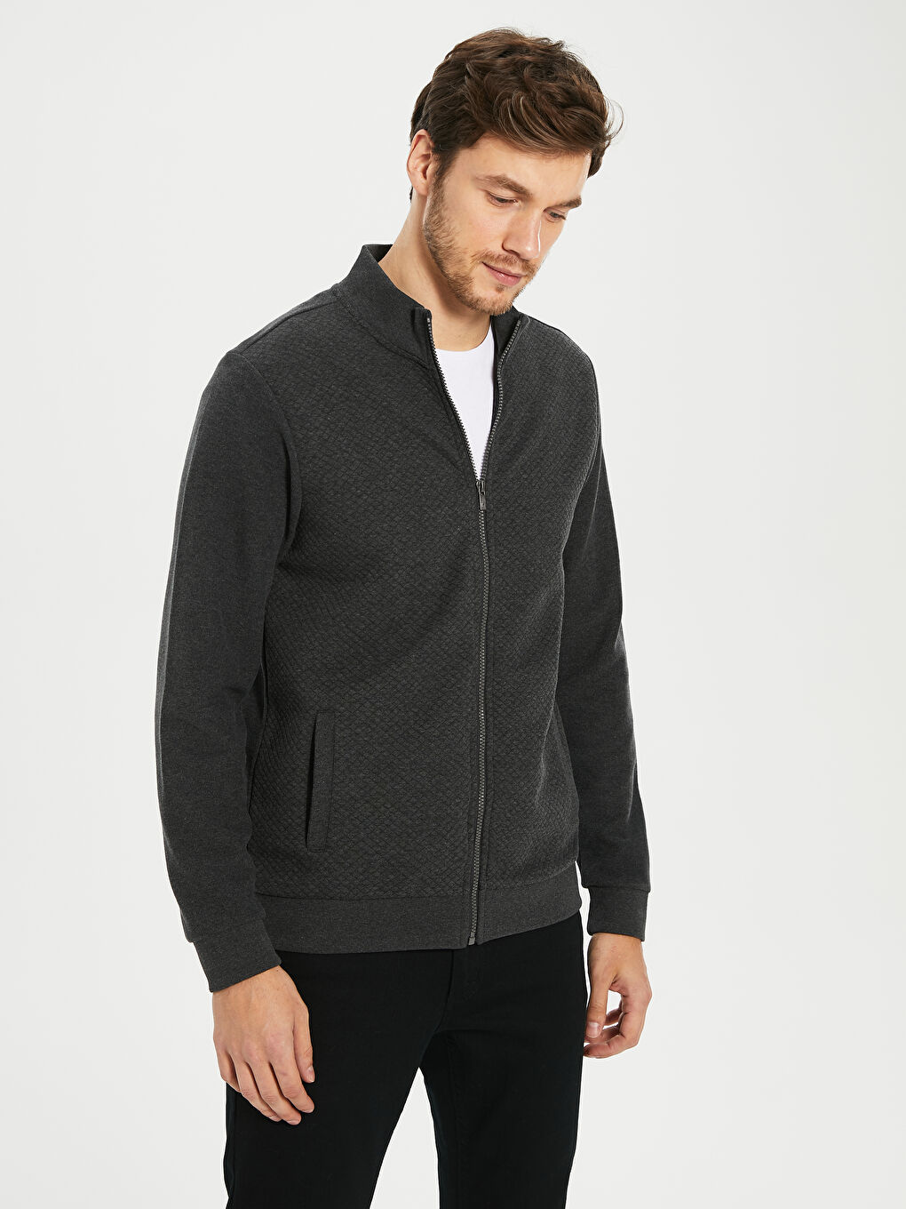 Antrasit Rahat Kalıp Dik Yaka Uzun Kollu Erkek Sweatshirt-1