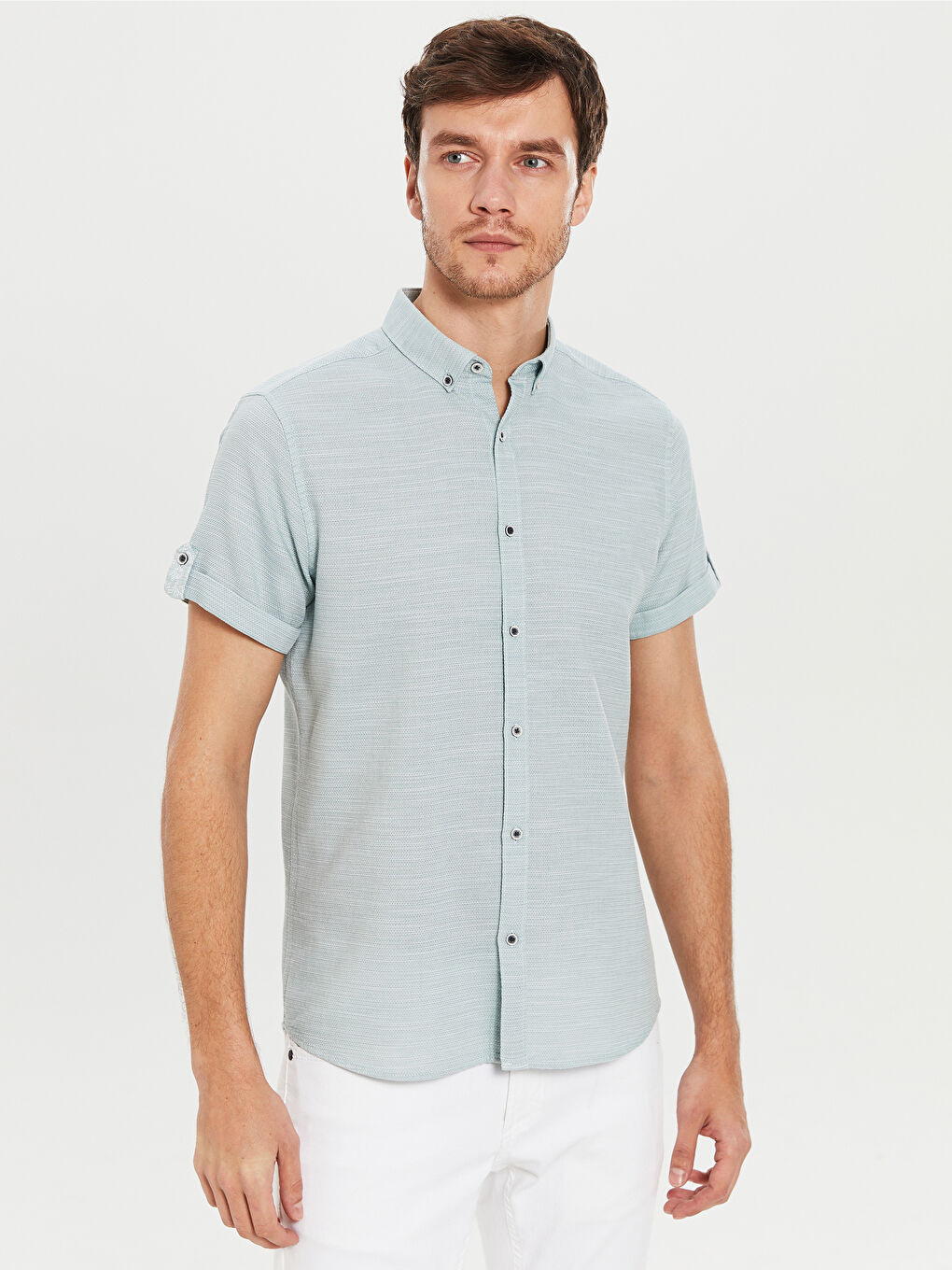 Yeşil Slim Fit Kısa Kollu Armürlü Gömlek