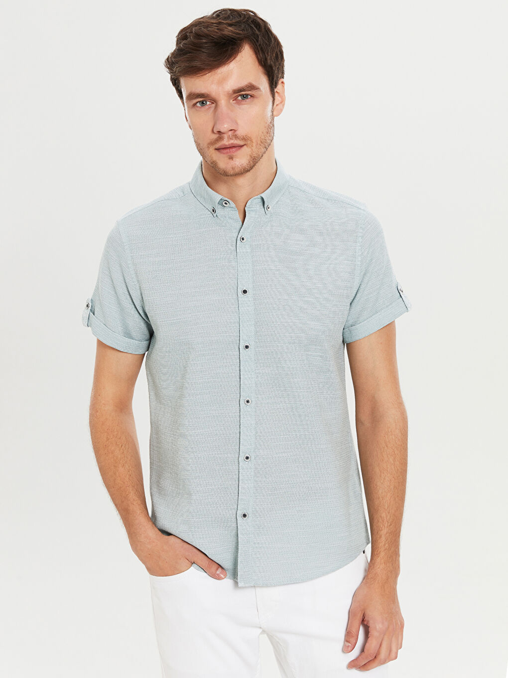 Yeşil Slim Fit Kısa Kollu Armürlü Gömlek-1