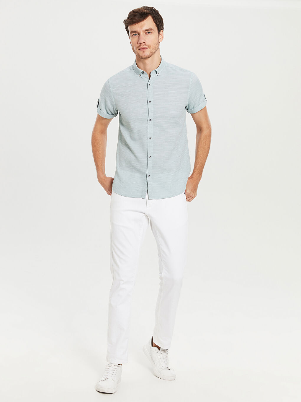 Yeşil Slim Fit Kısa Kollu Armürlü Gömlek-3