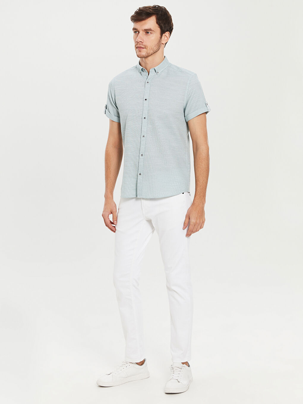 Yeşil Slim Fit Kısa Kollu Armürlü Gömlek-4