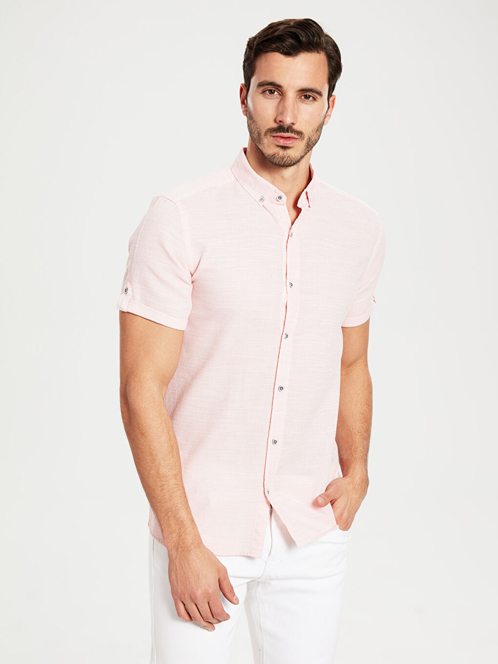 Pembe Slim Fit Kısa Kollu Armürlü Gömlek
