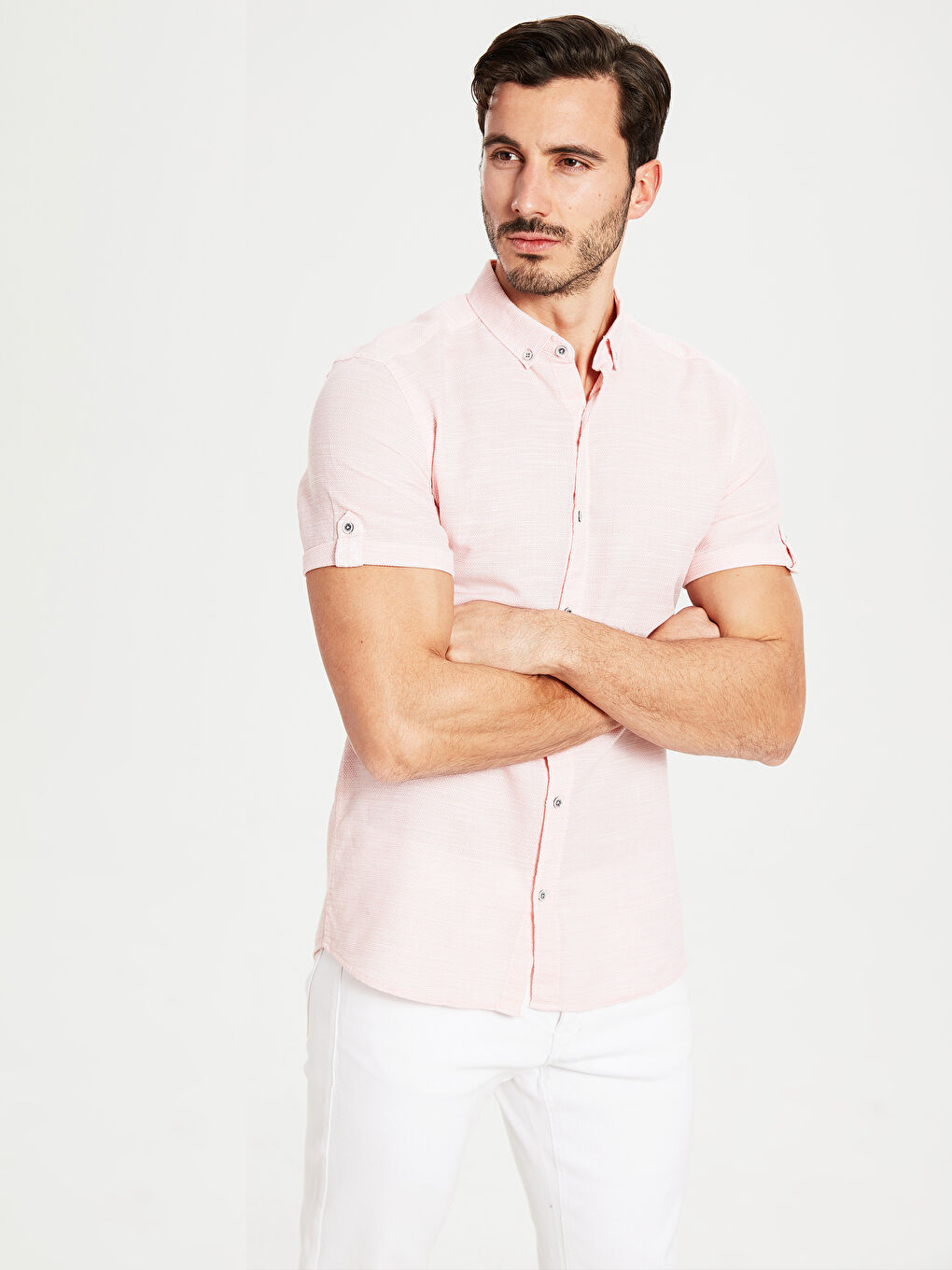 Pembe Slim Fit Kısa Kollu Armürlü Gömlek-2