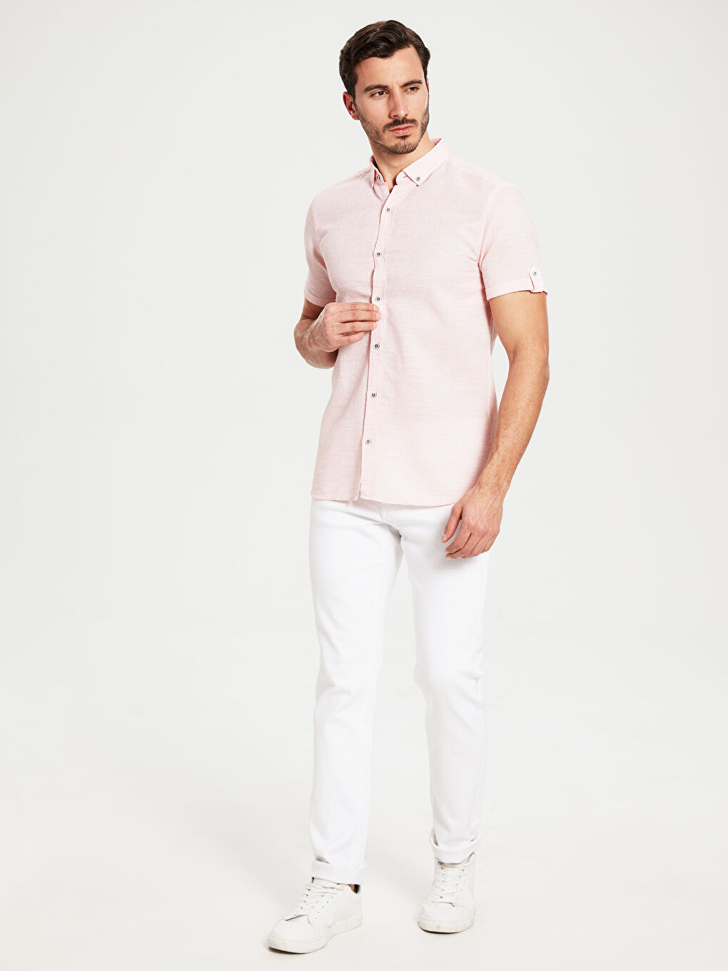Pembe Slim Fit Kısa Kollu Armürlü Gömlek-4