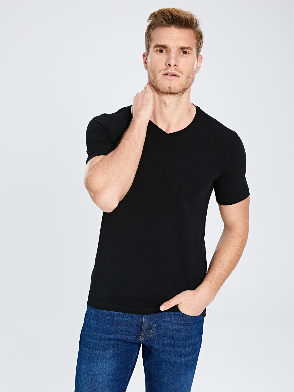 V-neck And Short Sleeve Cotton T-shirt-2
