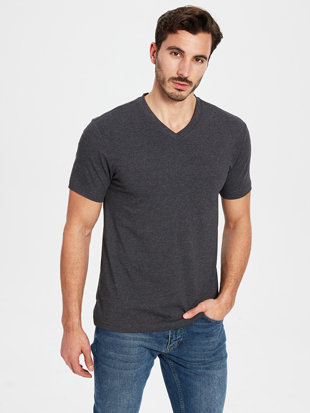 V-neck And Short Sleeve Cotton T-shirt