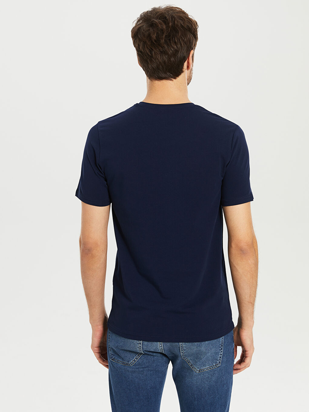 Lacivert V Yaka Kısa Kollu Pamuklu Tişört-3