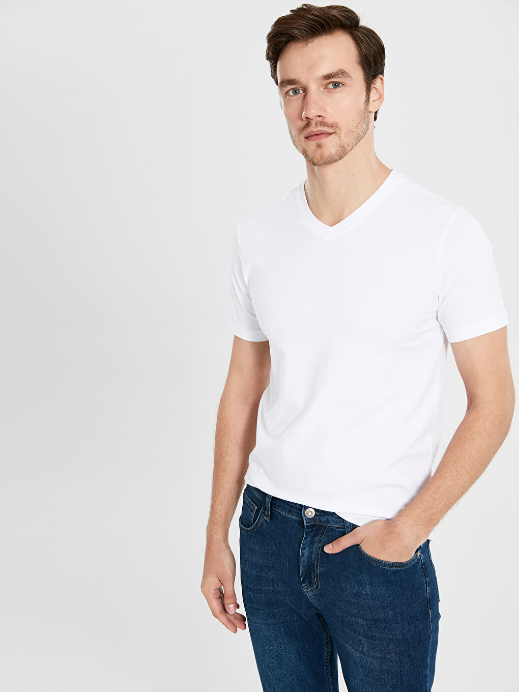 Футболка з V-подібним вирізом і коротким рукавом з бавовни-1