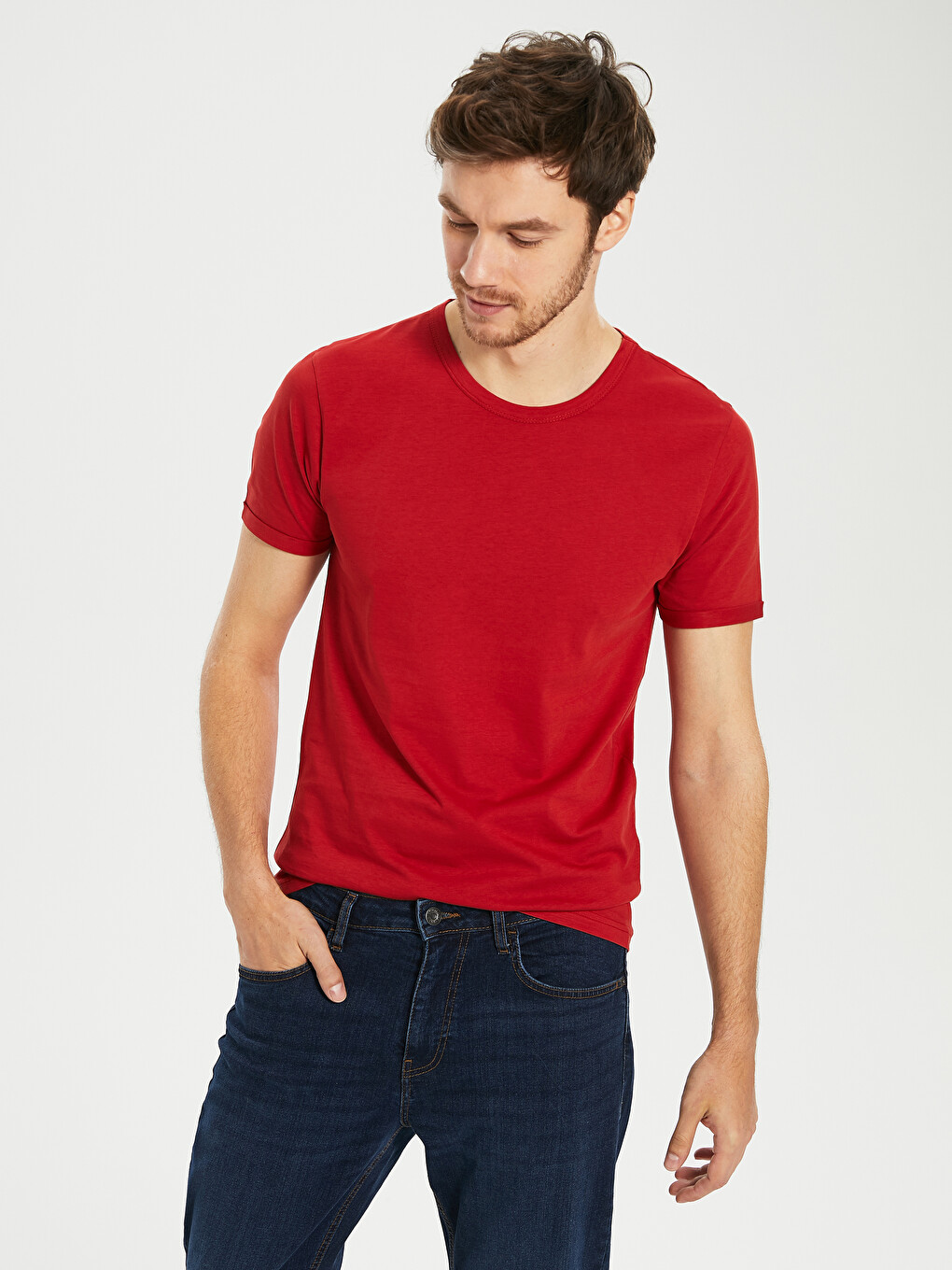 T-shirt E Thjeshtë, E Ngushtë, Me Jakë Të Rrumbullakët Për Burra-1