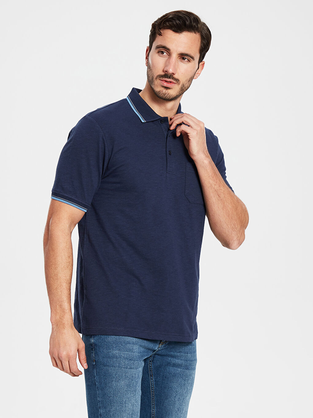 Lacivert Polo Yaka Kısa Kollu Penye Tişört-1