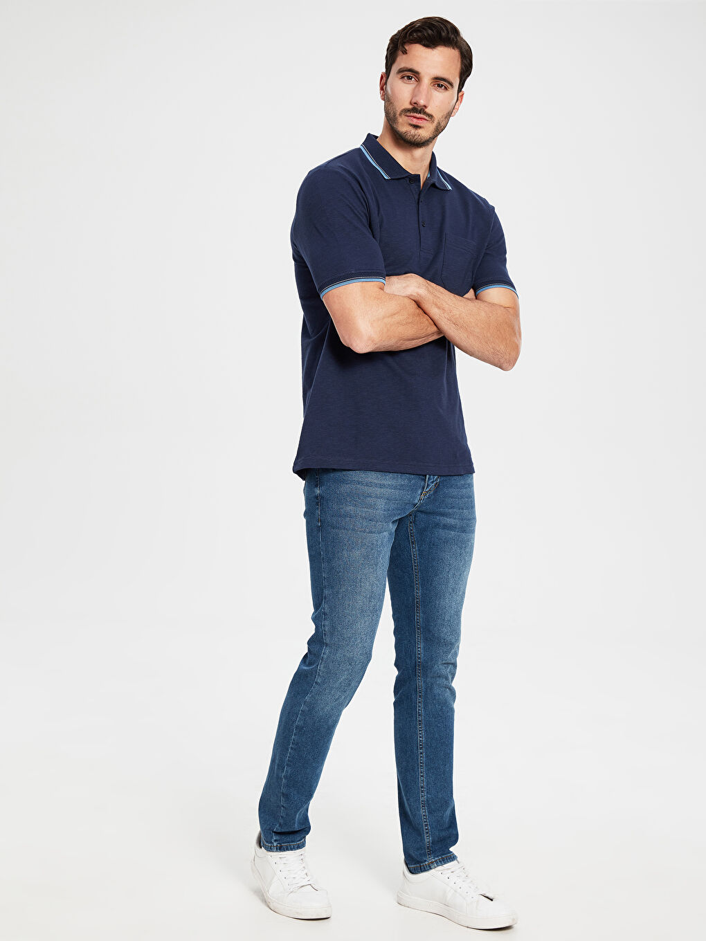 Lacivert Polo Yaka Kısa Kollu Penye Tişört-3