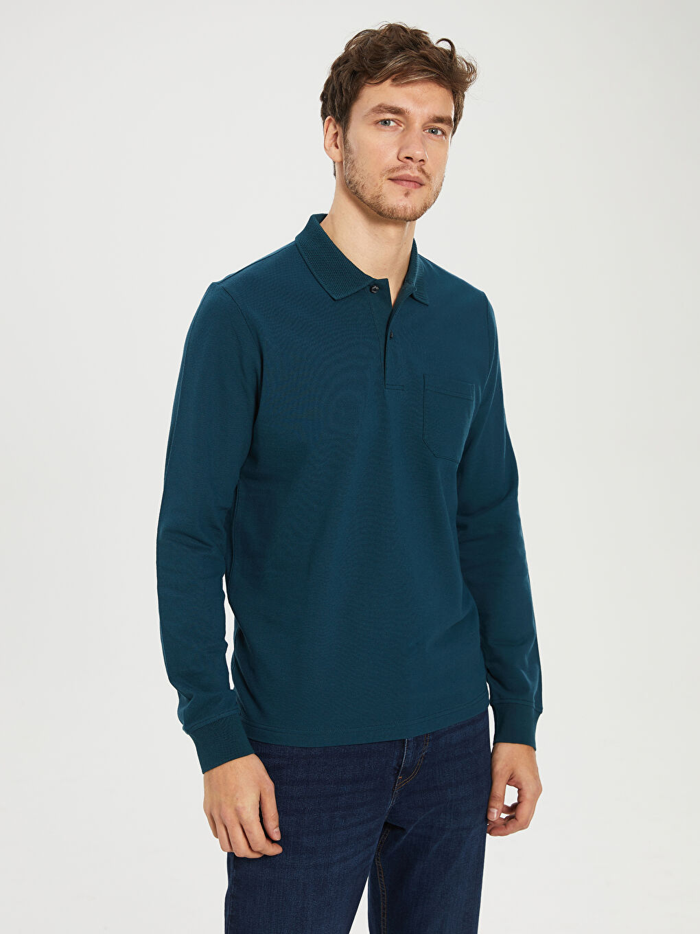 Petrol Polo Yaka Uzun Kollu Erkek Tişört